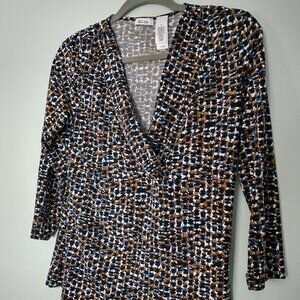 Liz & Co. Brown Black & Blue Abstract Print V-Neck Blouse Size M